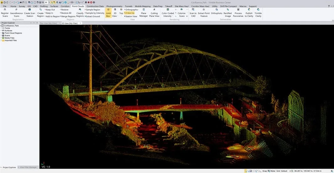 Colourized point cloud showing a bridge, utility poles and overhead power lines