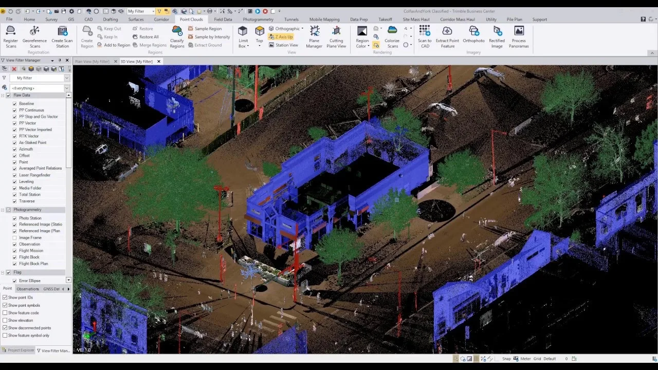 Colourized point cloud of an urban block with buildings, trees and utility infrastructure